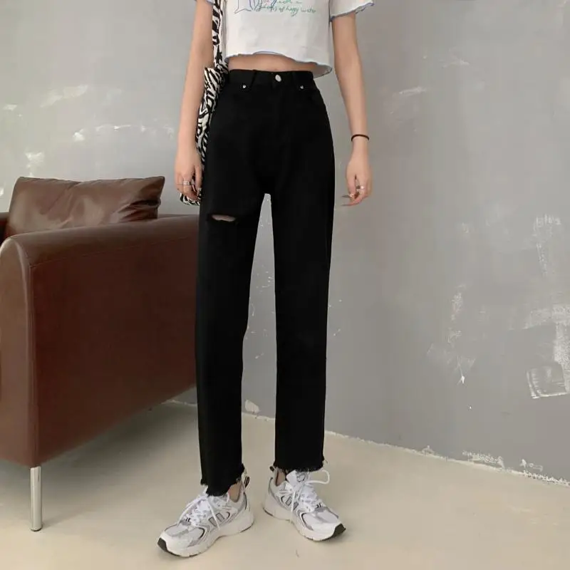 

3206 women new thin high waist ripped wide leg pants small Straight jeans