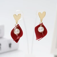 jaeeyin 2021 happy red color pendant white pearl gold heart elegant disc hollow aesthetic statement drop earrings for women gift