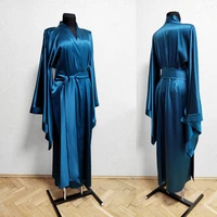 blue long silk robe kimono dressing gown with belt wedding bathrobes women boudoir sleepwear nightgowns