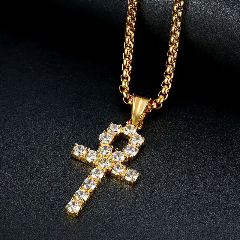 

Men/Women Hip hop iced out Ankh cross pendant necklaces High quality AAA Zircon vintage charm necklace Hiphop jewelry for gifts