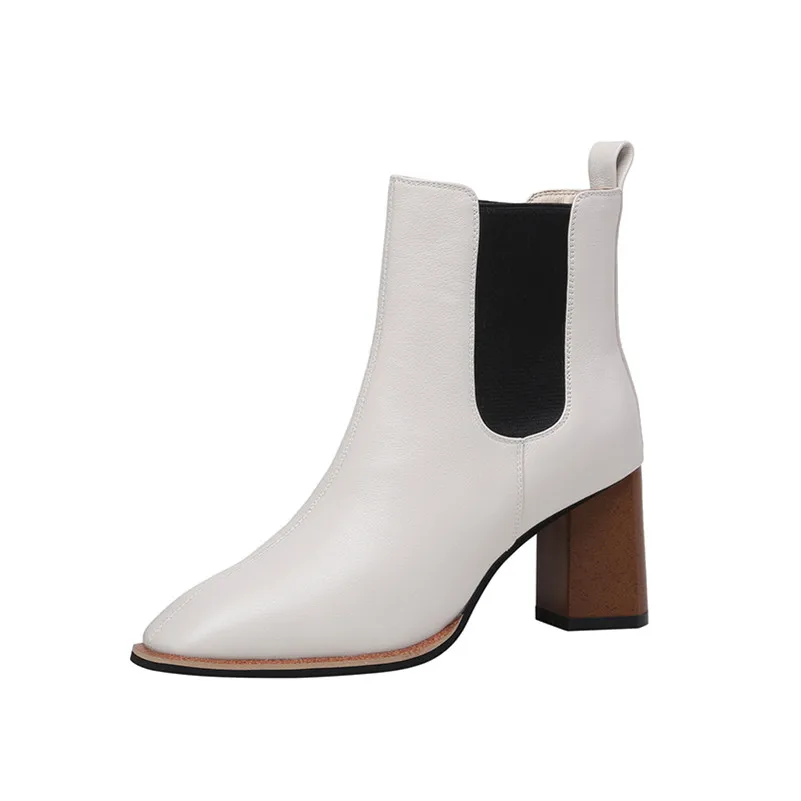 

FOREADA Square Toe Ankle Boots Woman Real Leather High Heel Chelsea Boots Block Heel Shoes Ladies Short Boots Autumn Beige Black