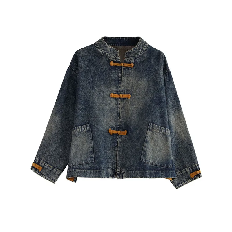 

IEQJ Women Denim Jacket Patchwork Full Sleeve Stand Collar Wild Slim Loose Vintage Distressed 2021 New Spring Fashion Tide XA246