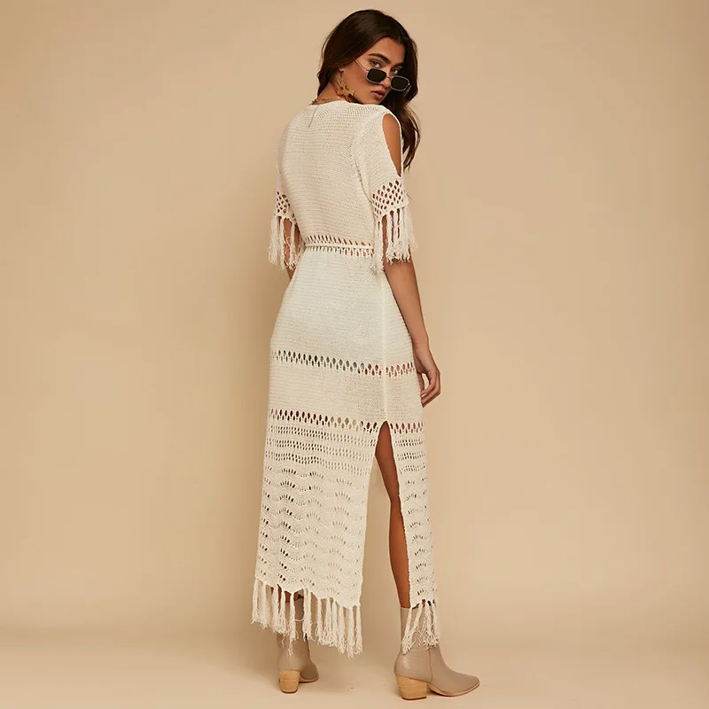 Fringed knit cardigan tie braid belt long beach jacket swimsuit coverall sun protection clothing women mesh cover up beach dress