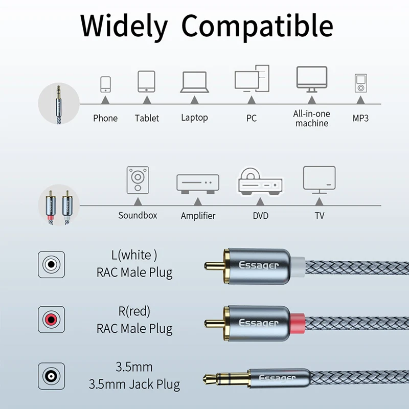 Essager RCA Cable HiFi Stereo 2RCA to 3.5mm Audio AUX Jack 3.5 Y Splitter for Amplifiers Home Theater | Электроника