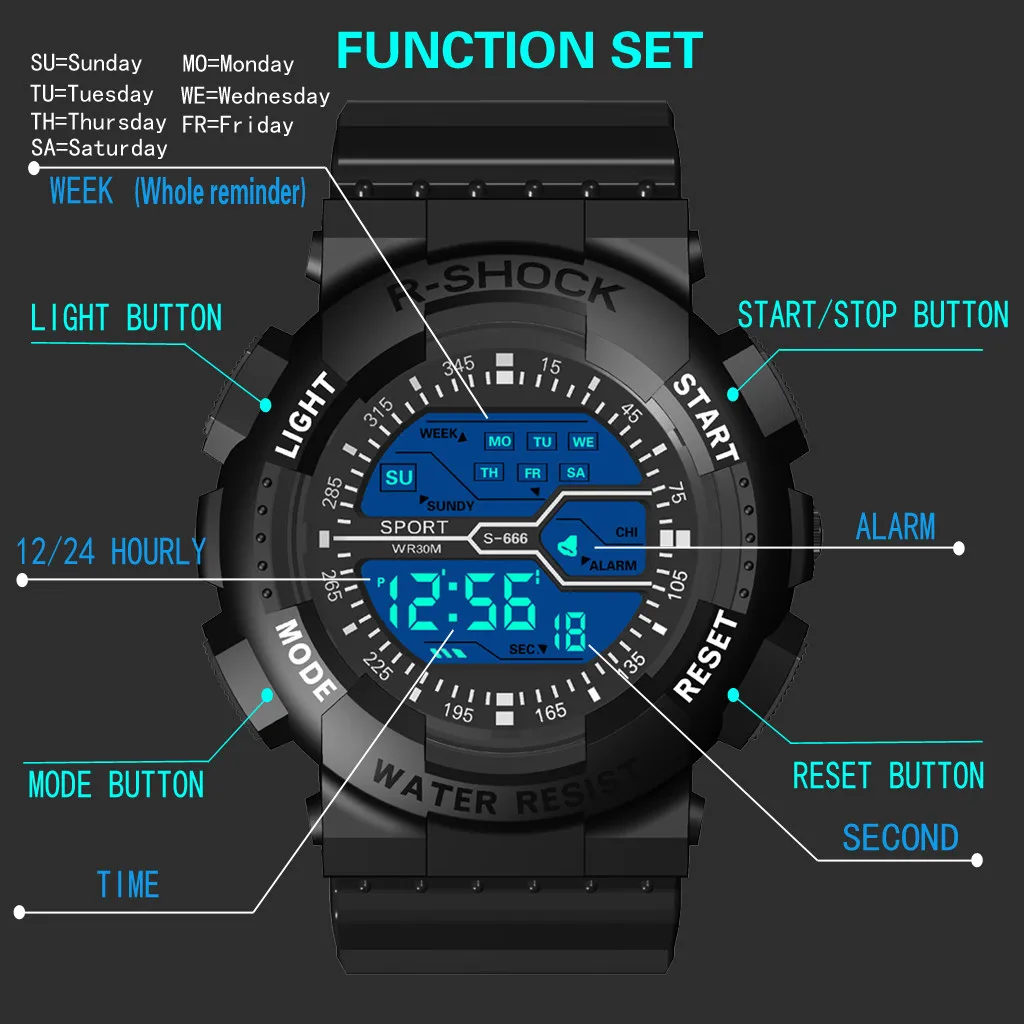 

Seven Colors Colorful Luminous Multi Function Fashion Outdoor Sport Electronic Watch Alarm Clock Chrono 3Bar Waterproof Digital