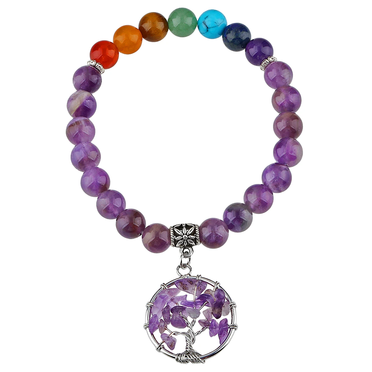 

Браслет из натурального аметиста, 7 чакр, кристалл из бисера, стрейч-нитка, подвески из дерева жизни, Йога, рейки, Энергия исцеления, женские У...