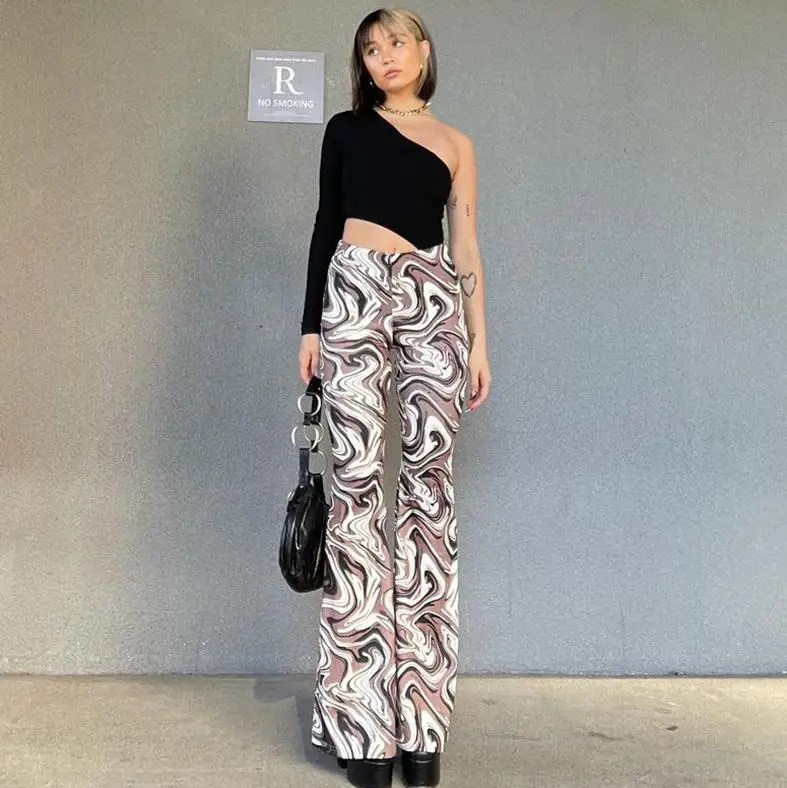 

2021 Ladies Fashion High Waist Flare Skinny Long Pants Young Girls Trendy Abstract Print Wide Leg Pants Stylish Streetwear