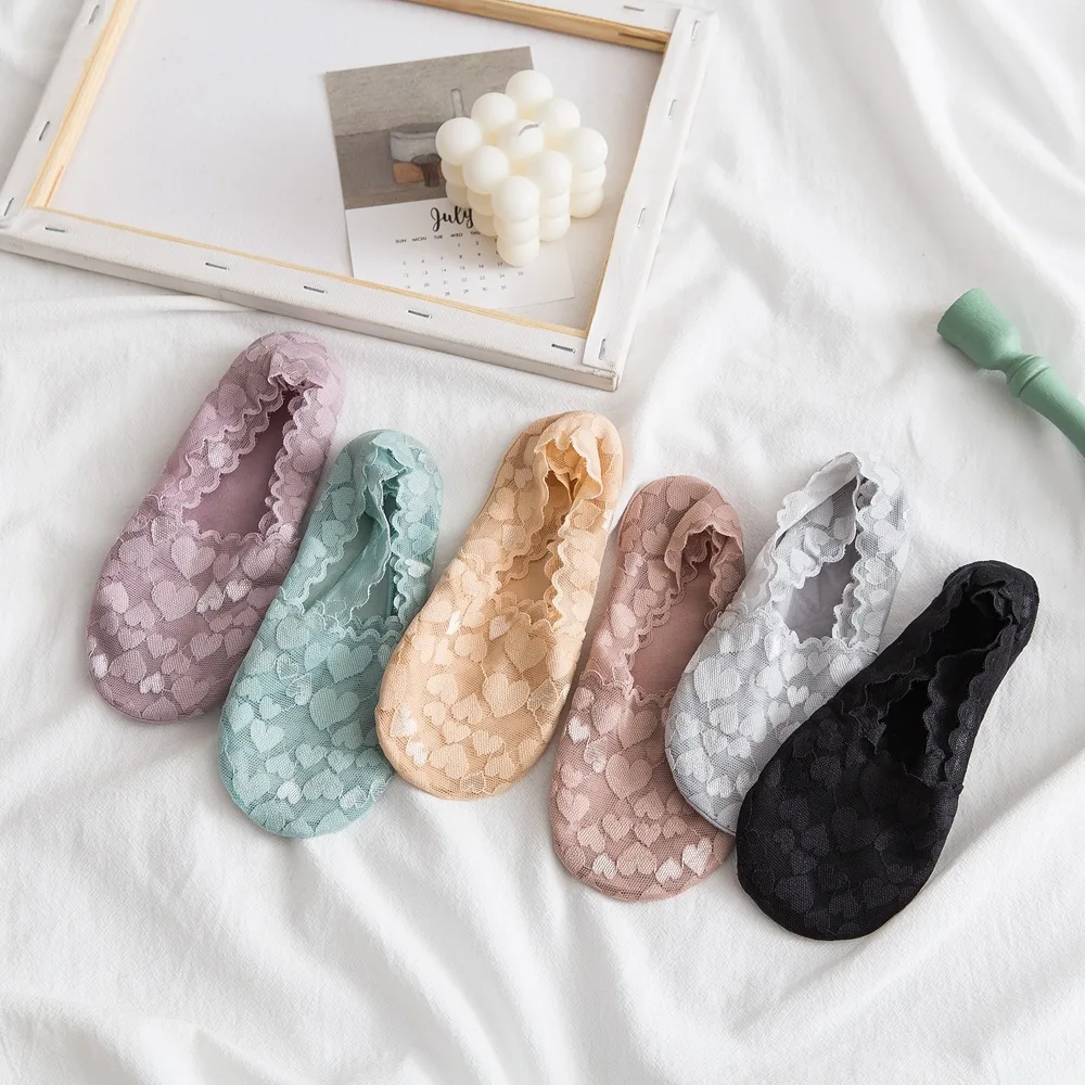 

Women Boat Socks Sexy Lace Flower Summer Invisible No Show Socks Slippers Silicone Anti-slip Fashion Heart Low Cut Ankle Socks