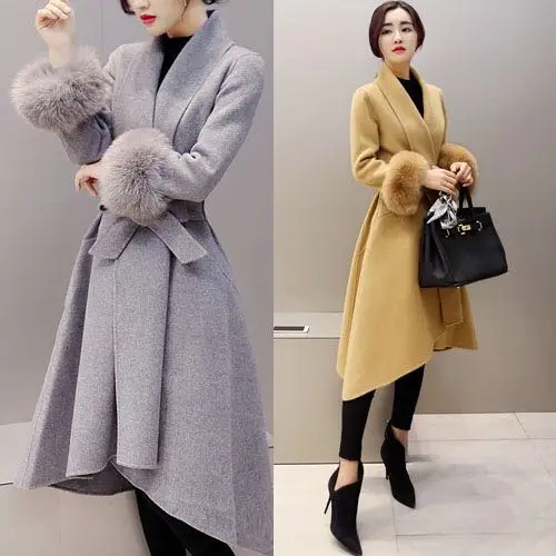 

Elegant Slim Women Winter OL Sash Wool Blend Coat 2021Casual Long Belt Woolen Jacket Solid Detachable Fur Nipped Waist Overcoat