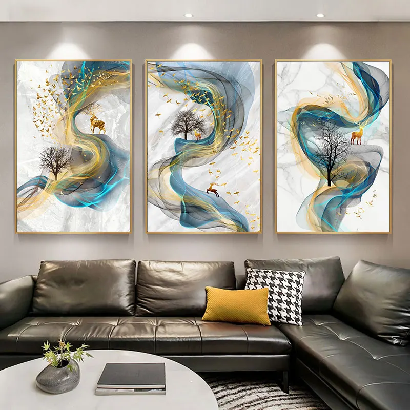 Абстрактная мраморная линия олень птица Холст Искусство нордический плакат и