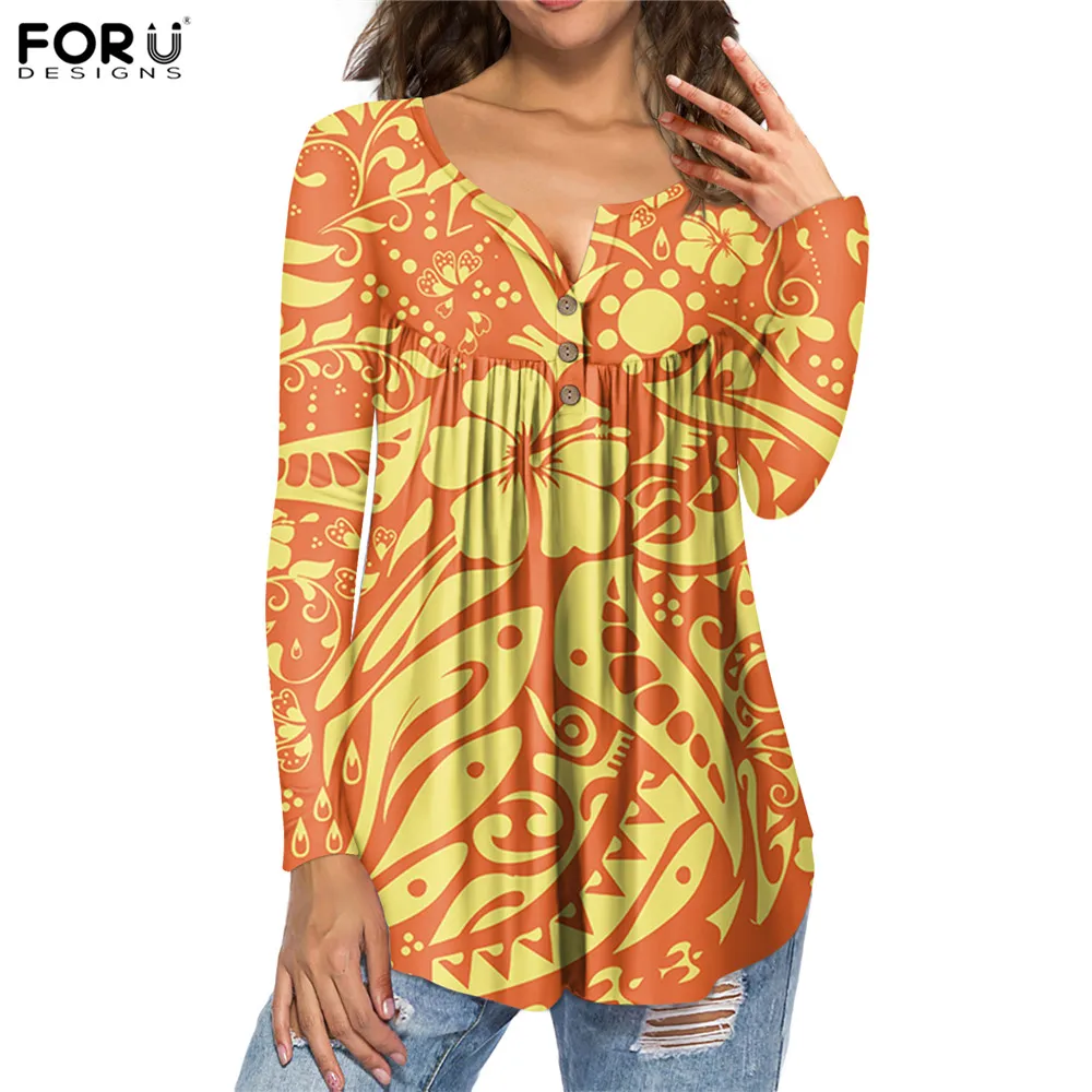 

Женские повседневные рубашки с длинным рукавом FORUDESIGNS, полинезийская туника на пуговицах с рисунком гибискуса, женские блузки на пуговицах