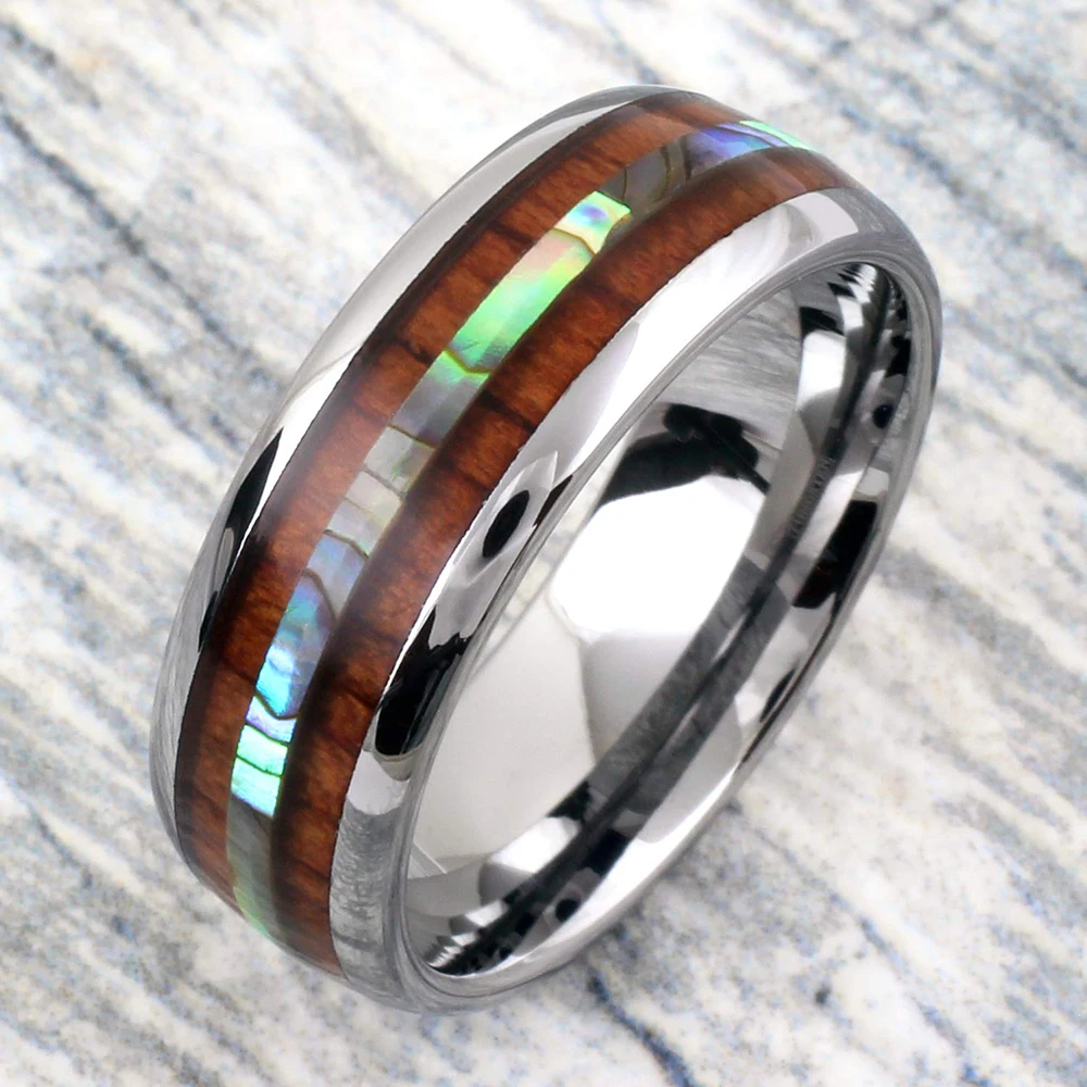 

Fashion 8mm Men Silver Color Stainless Steel Ring Hawaiian Koa Wood Abalone Shell Inlay Dome Engagement Ring Men's Wedding Band
