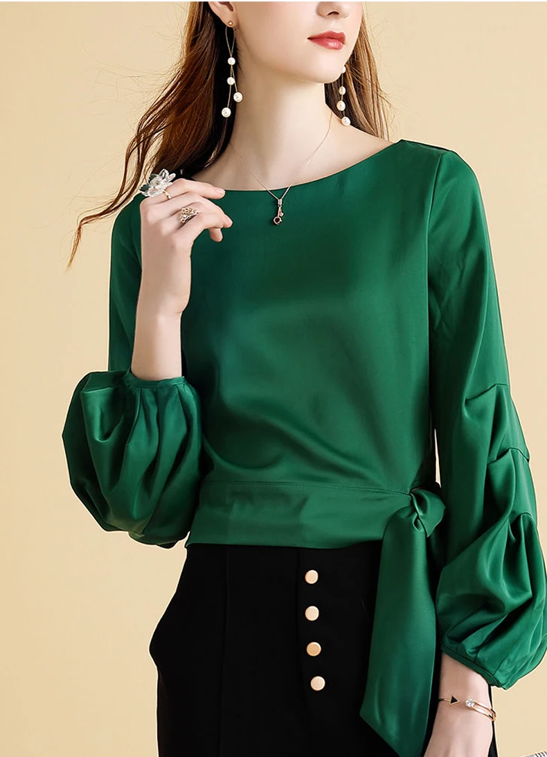 Женская свободная рубашка с длинным рукавом-фонариком и круглым вырезом | одежда