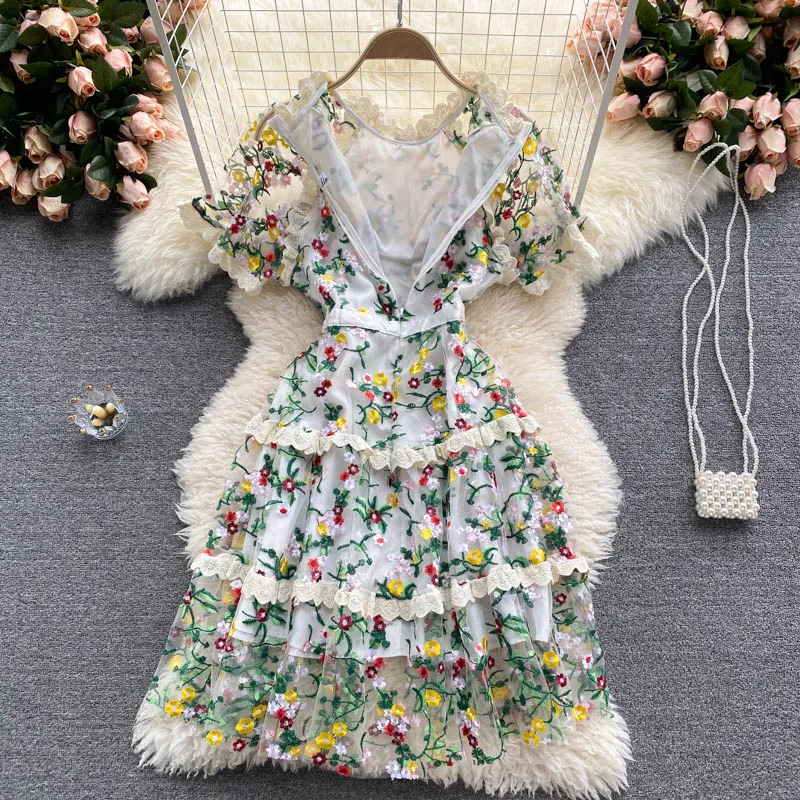

Runway Fashion Luxury Flower Embroidery Mesh Dress Summer Women's Clothing Short Sleeve Lace Ruffles Sexy Wedding Party Vestido