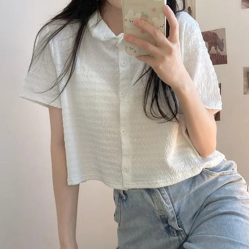 

Shirts Women Short Sleeve Turn-down Collar Single Breasted Loose Folds Soft Tops Summer Korean Style Student Trendy Candy Colors