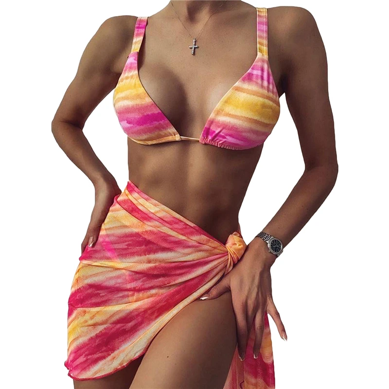 

Sexy 3 Piece Swimsuit Women Tie Dye Push Up Padded Biquini Brazilian Summer Bathing Suit Thong Bikini 2021 Swimwear Women Skirt