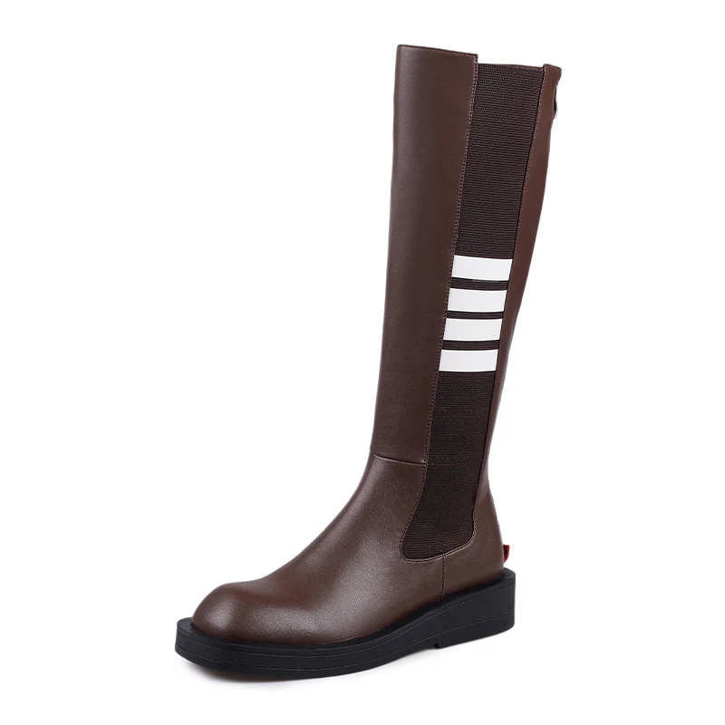 

Winter Platform Boots Women Wedges Heels Round Toe Zip Stripe Knee High Boot Fashion Leisure Party Shoes for Ladies Black Brown