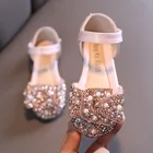 Сандалии для девочек; Летняя обувь принцессы с блестками и кружевным бантом; Детская обувь; Милые повседневные туфли для танцев с жемчужинами; Детские вечерние свадебные туфли