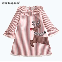 mudkingdom cute toddler girls dresses christmas elk embroidered stripe print flare sleeve dress for kids clothes spring autumn
