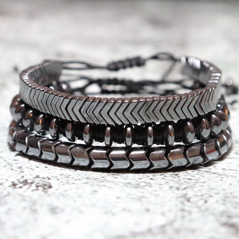 3 шт./компл. гематит бусины плетеный браслет для мужчин Набор браслетов ювелирные