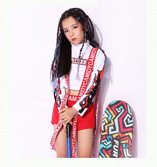 

2020 New Red Kids Children Hip Hop Dance Costume Sparkly Stage Jazz Dance Costumes Suit Girls Crop Top And Pants For Sale