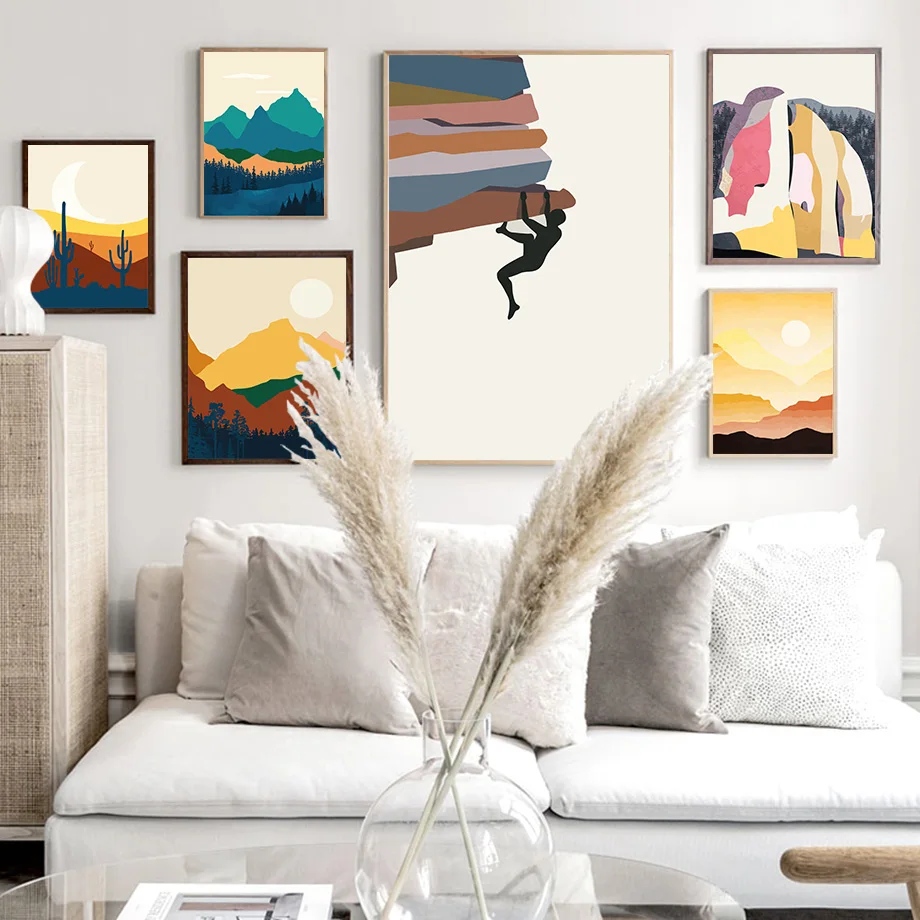 

Colorful Abstract Mountain Sun Moon Rock Climbing Wall Art Canvas Painting Posters And Print Wall Pictures For Living Room Decor