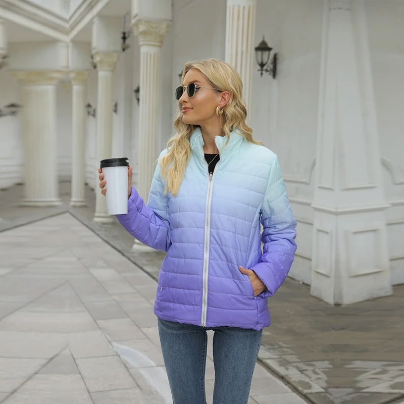 

Women'S Cotton Winter Warm Jackets Polyester Printing Color Matching High Collar Short Parkas Fashion Coat Female Zipper Clothes