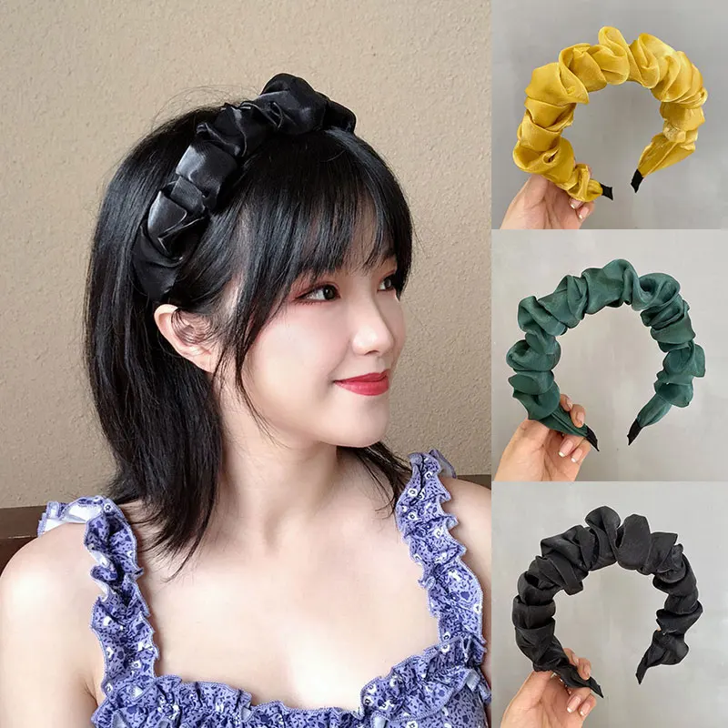 

1Pcs Vintage Headband Solid Color Slik Padded Pleated Hairband Sweet Hair Hoop Makeup Beautiful Simple Wrinkled Hair Accessories