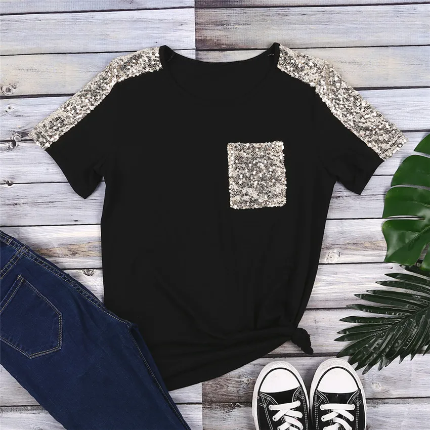 Sequined T Shirt Womens Pocket Tee Shirts Tops Mujer Fashion Black T-shirt Women Short Sleeve Summer Female Top | Женская одежда