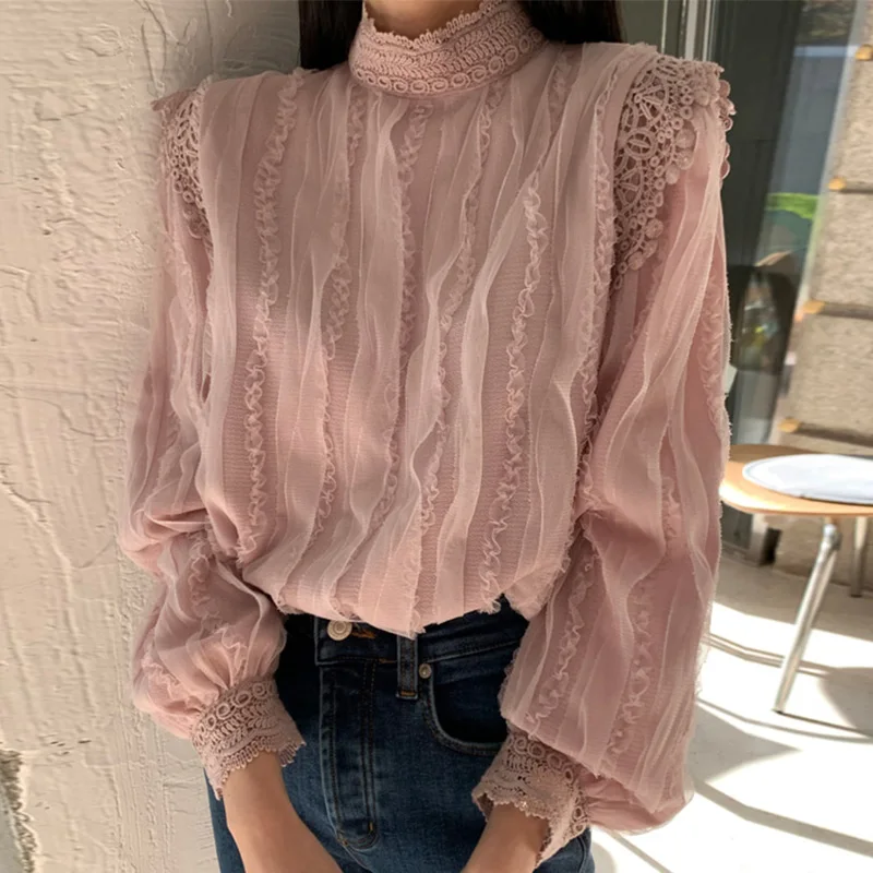 

Korean Plus Size Lace Blouse Women Spring Gentle Palace Style Stand Collar Tops Long Sleeve Hollow Lace Stitching Shirt 13642