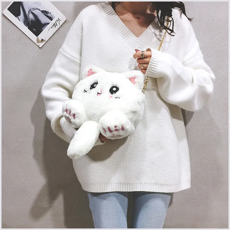 New Chain Crossbody Bag Women Cute Plush Cat Shoulder Female Casual Cartoon Zipper Soft Fake Fur Mini Messenger Bags XB50015 | Багаж и