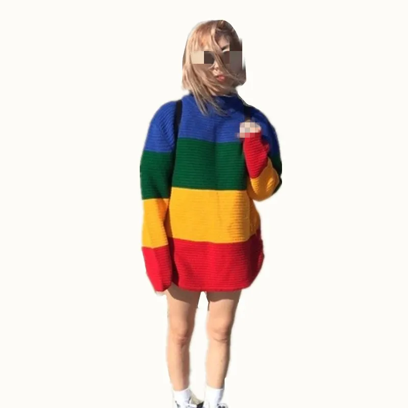 Женский свободный свитер в полоску B1772 с круглым вырезом и длинными рукавами