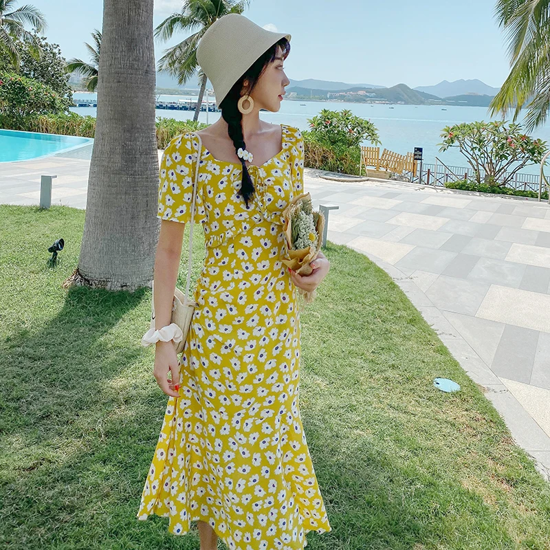 

Elegant Boho Tropical Beach Vacation Dresses Midi Floral Chiffon Women Dress Summer 2021 Runway Slim Vintage Korean Party Dress