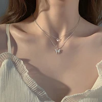 silver color shiny butterfly necklace female exquisite double layer pendant clavicle chain necklace wedding party jewelry gifts