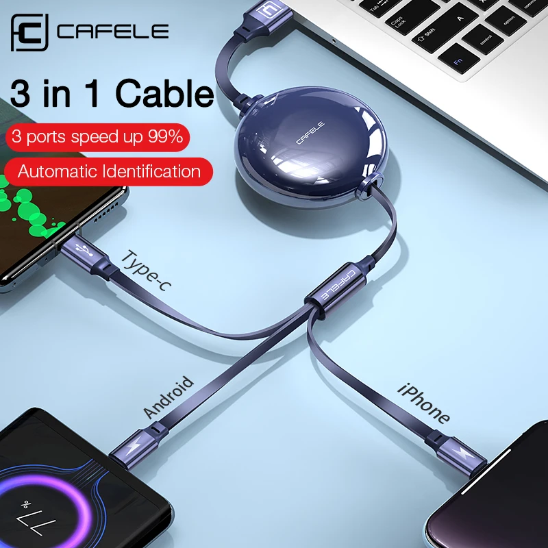 

Cafele 5A 3in1 Phone Charger lightning Cable For iPhone 11 12 Retractable Micro Usb C Type C Cable For Xiaomi Wire Charging Cord