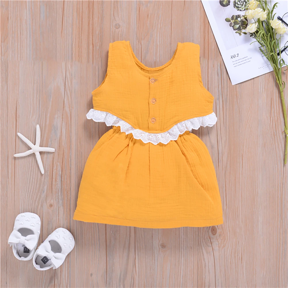 

Breathable Little Girls Princess Dress, Summer Children Solid Color Lace Decoration Round Collar Sleeveless Splicing Gown