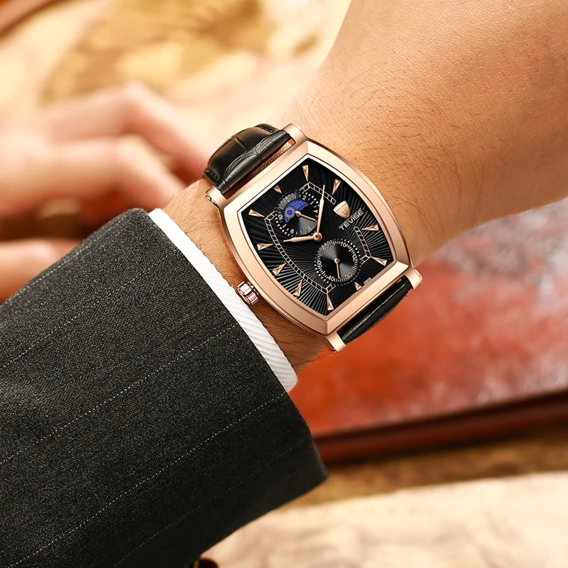 TEVISE 8383S мужские часы Moon Phase настоящие водонепроницаемые кварцевые часы с кожаным ремешком Мужские повседневные наручные часы Relogio Masculino
