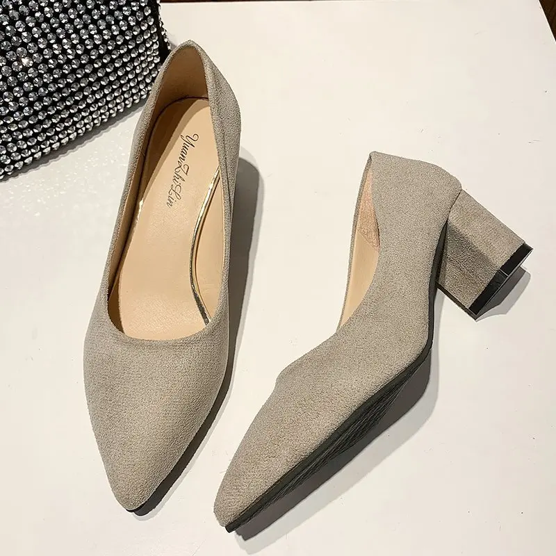 

BRKWLYZ Sandalet Womens Mid Chunky Heels Sandals Casual Hoof Pumps Pointed Toe Leather Office Woman Shoes Lady Female