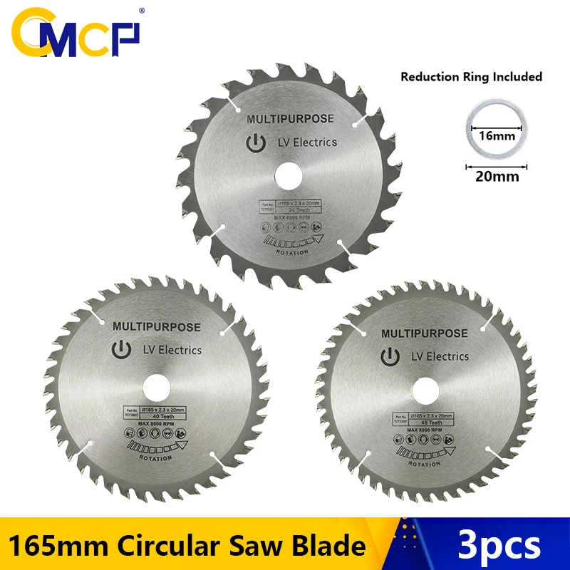 

CMCP 3pcs/Set Circular Saw Blade 165mm TCT Saw Blade 24T 40T 48T Carbide Tipped Wood Cutting Disc Saw Blade For Wood