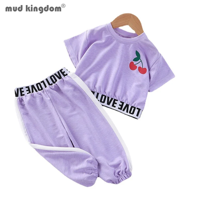 

Mudkingdom Summer T-Shirts Set for Girls Cherry Letter Print Pure Color Crop Top and Joggers Pants Suit for Kids Clothes Casual
