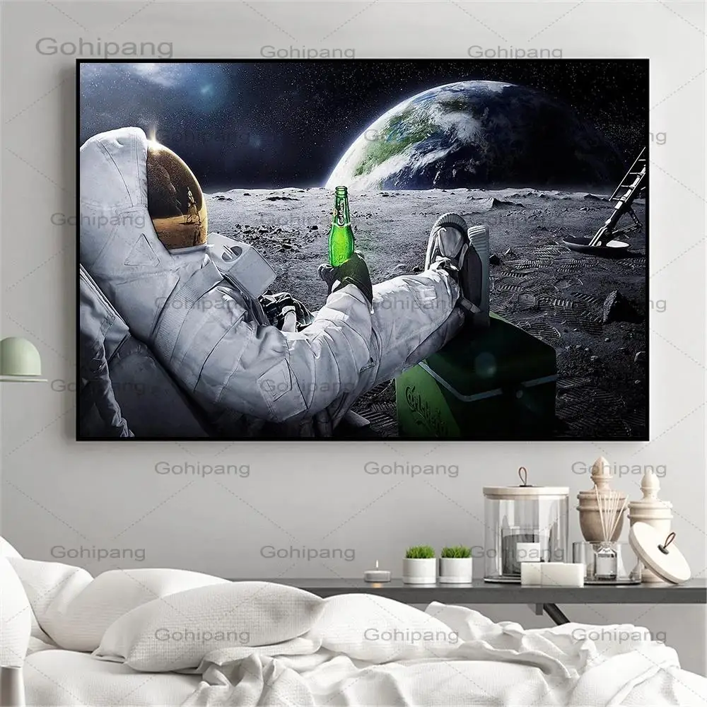 

Funny Poster Abstract Painting Spaceman Drink Beer Moon Space Canvas Pictures for Living Room Coffee Wall Art Home Decor Cuadros
