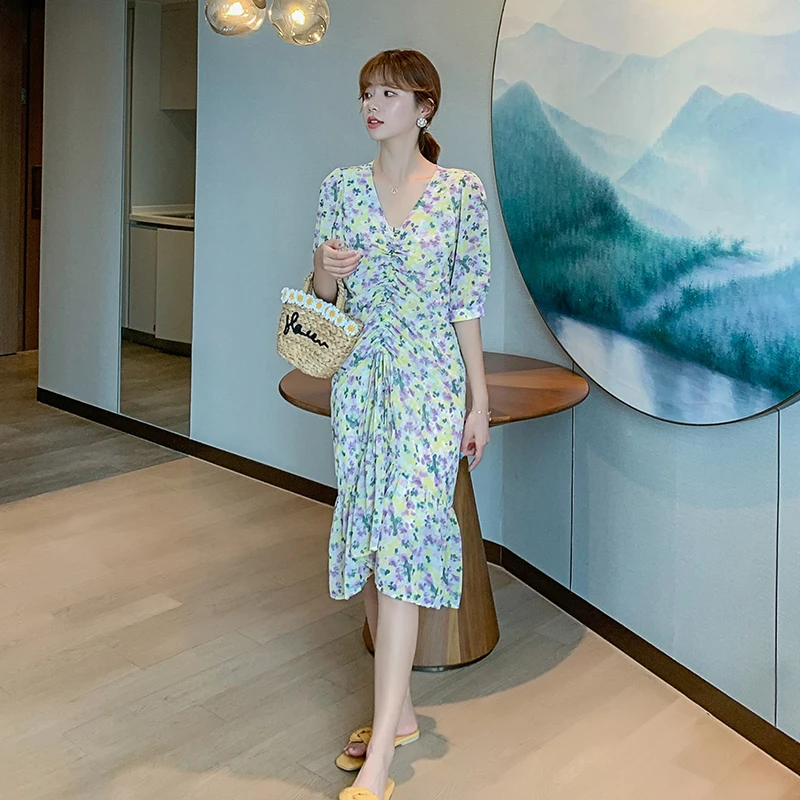 

COIGARSAM French Style Chiffon Women dress New Summer Vintage Floral Print V-Neck Dresses 9086