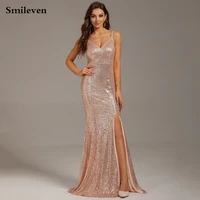 smileven spaghetti strap champagne mermaid evening dress sexy v neck split sequins prom dresses new celebrity prom party gowns