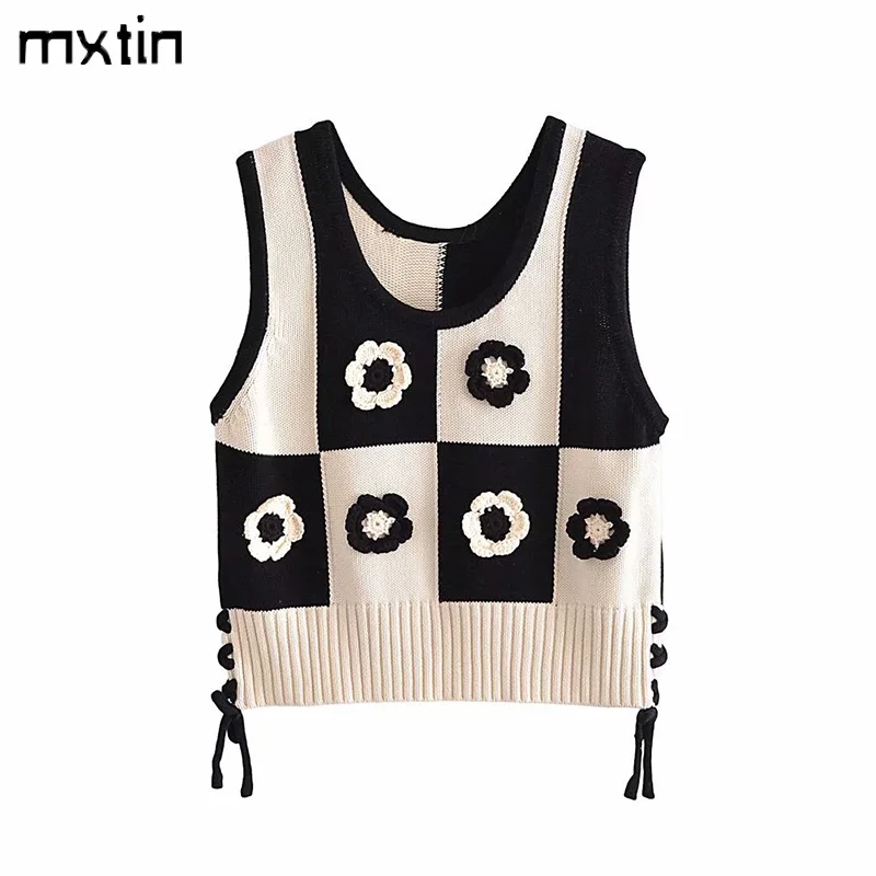 

MXTIN 2021 Women Summer Vintage Floral Crochet Pullover Knitted Vest Sweater Fashion O-Neck Sleeveless Female Waistcoat Chic Top