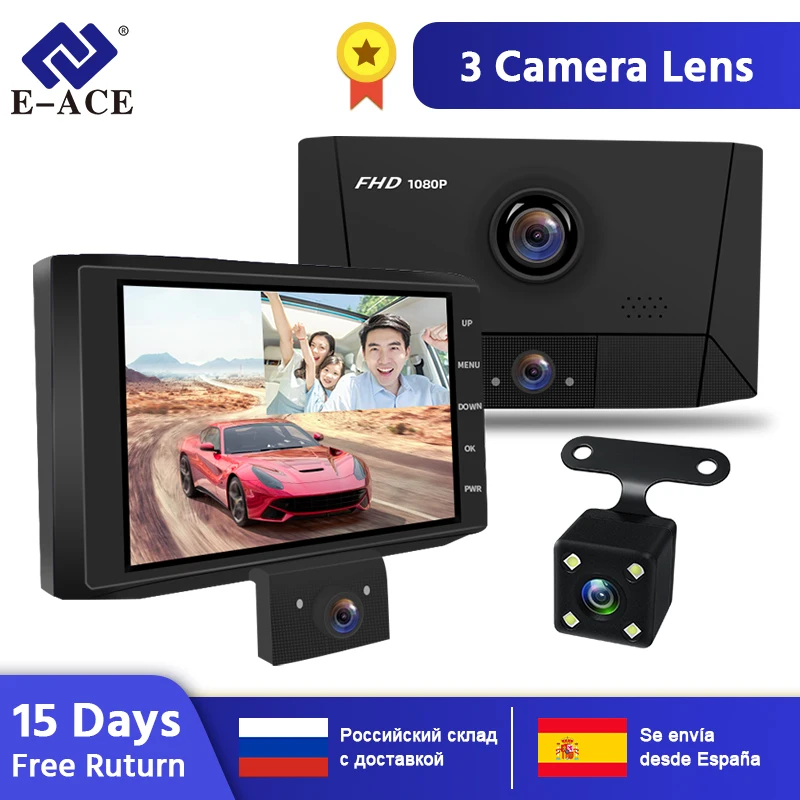 E-ACE Автомобильный видеорегистратор 3 камеры s объектив 4 0 дюймов Dash Cam FHD 1080P Авто