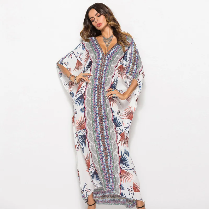 

New Printed Bohemian Women Maxi Dress Batwing Sleeve Holiday Beach Wear Fashion Muslim Abaya Dubai Moroccan Kaftan Robe Vestidos