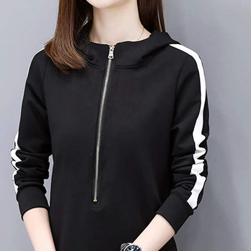 

Fashion Slim Black Hoodies Women Set Plus Size Stripe Side Casual Two Piece Set Women Zipper Long Hooded Sweatshirt with Pant