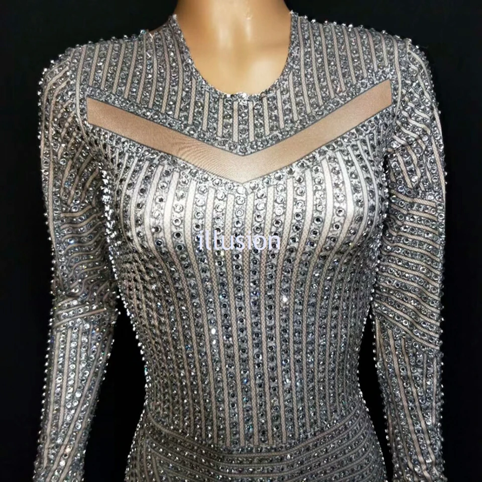Luxury Full Glisten Silver Rhinestones Dress Women Sexy Singer Stage Wear Long Dresses Celebrate Outfit Party Club Costume | Тематическая