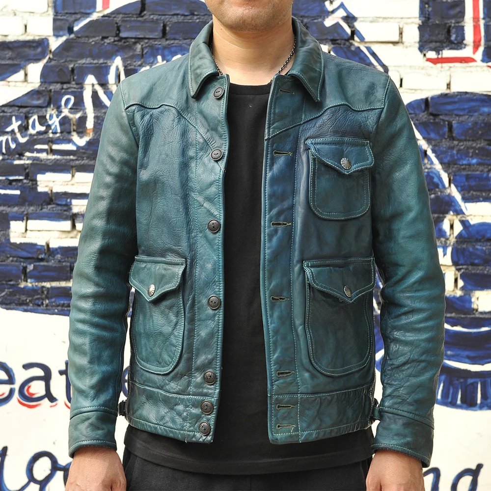 

2021 Vintage Blue Casual Style Genuine Leather Jacket Men Large Size 3XL Real Natural Horsehide Spring Slim Fit Customize Coat