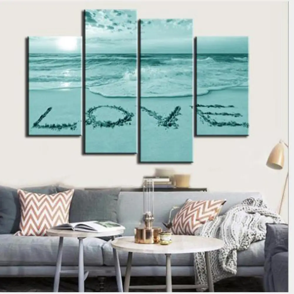 

4 Pieces Large Wall Art Teal Seascape Sunset Canvas Picture Love Wall Art Split 4 Panel For Decorating Home Livngroom
